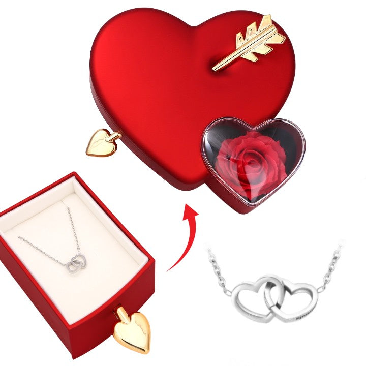 Amour Rosenbox - mit versteckter Gravur-Doppelherzkette