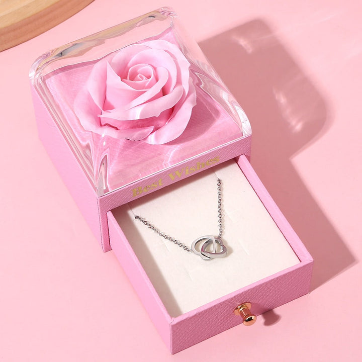 Ewige Rosenbox - Mit 14k Gravur-Doppelherzkette