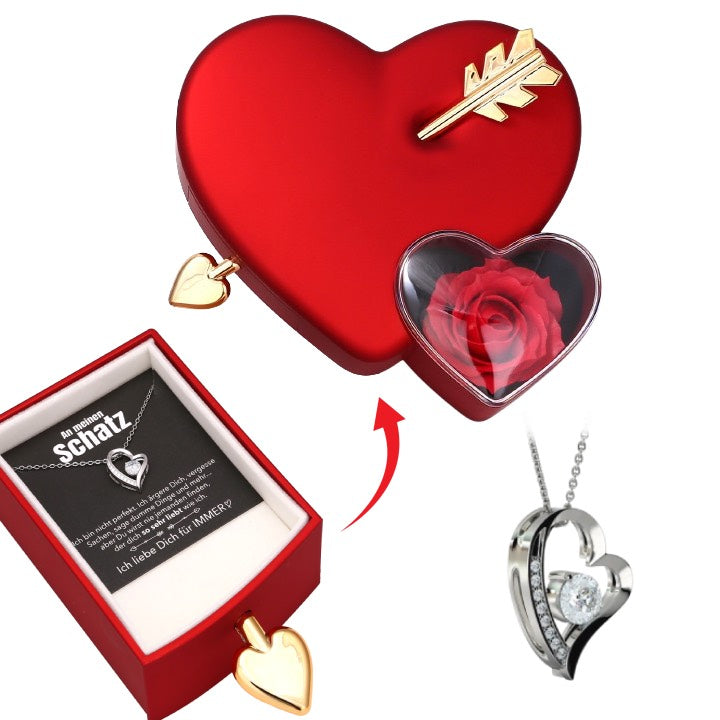 Amour Rosenbox - mit versteckter Herz Halskette & romantischer Notiz - An meinen Schatz