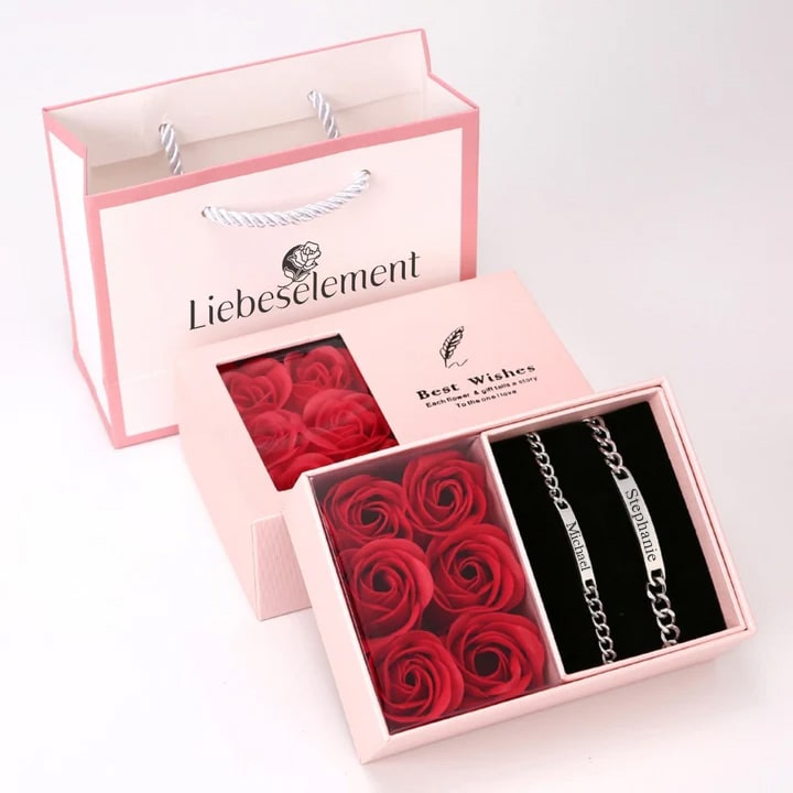 Ewige Rosenbox mit Gravur Armband Set für Paare
