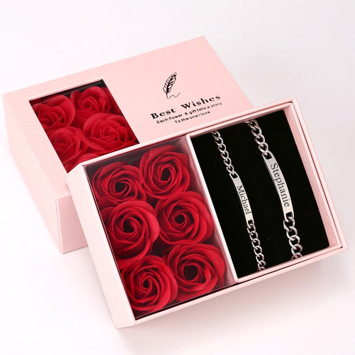 Ewige Rosenbox mit Gravur Armband Set für Paare