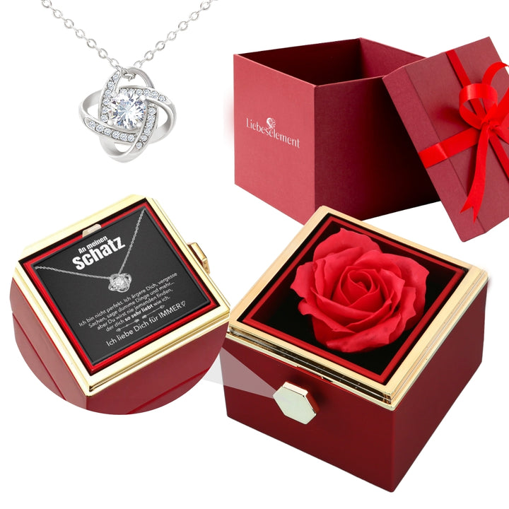 Ewige Rosenbox – mit Knoten-Halskette, Liebesnotiz und echter Rose