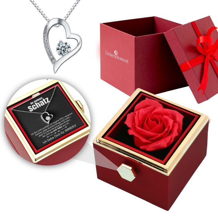 Ewige Rosenbox – mit Herz-Halskette, Liebesnotiz und echter Rose