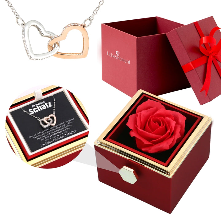 Ewige Rosenbox – mit Doppelherz Halskette, Liebesnotiz und echter Rose