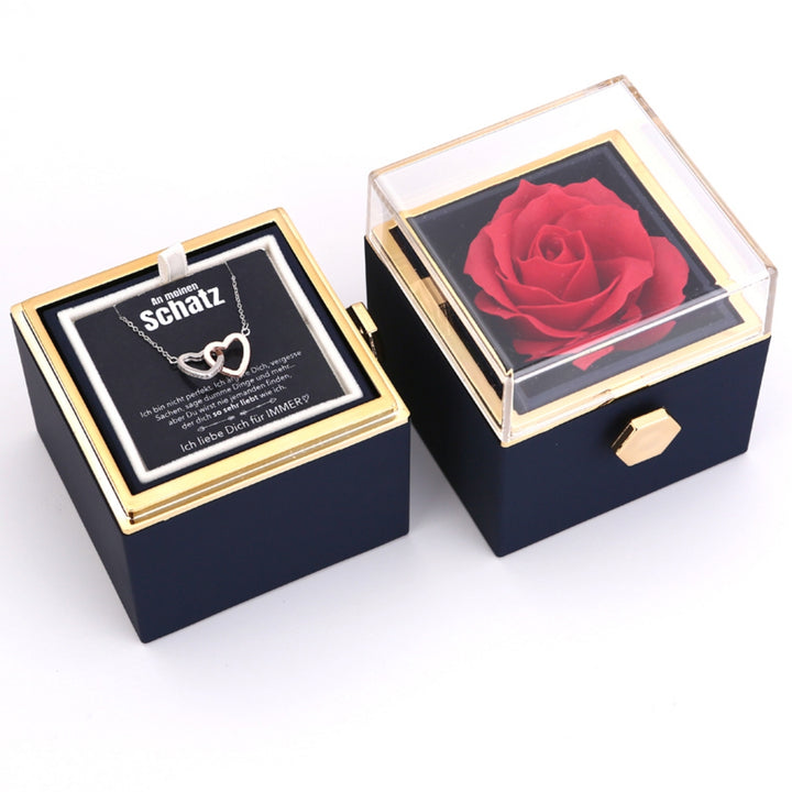 Ewige Rosenbox – mit Doppelherz Halskette, Liebesnotiz und echter Rose