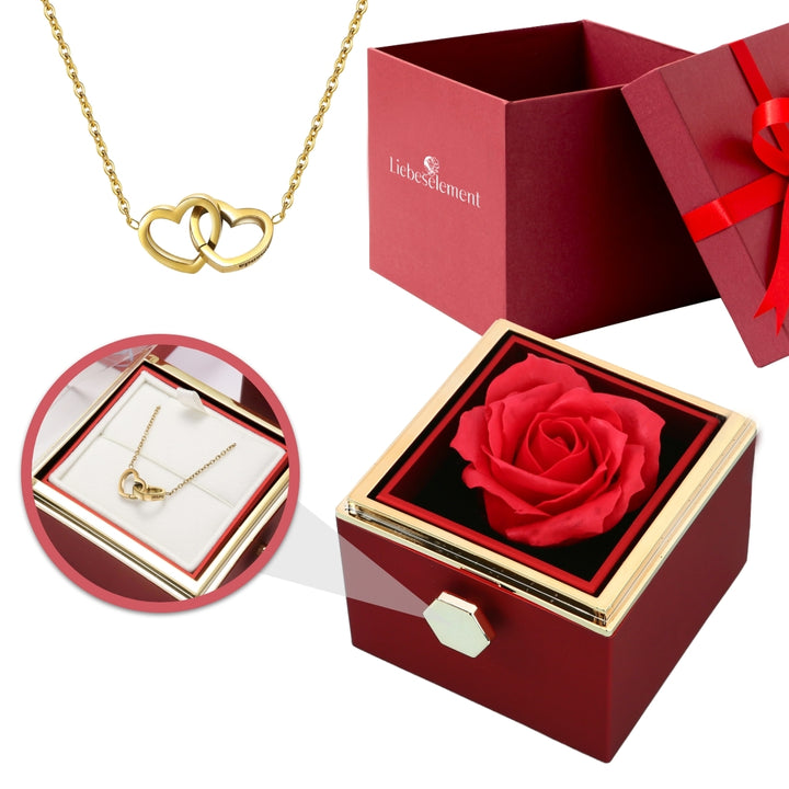 Ewige Rosenbox – mit Doppelherz Halskette und echter Rose