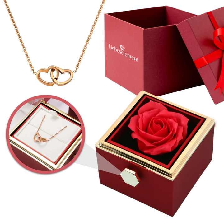 Ewige Rosenbox – mit Doppelherz Halskette und echter Rose