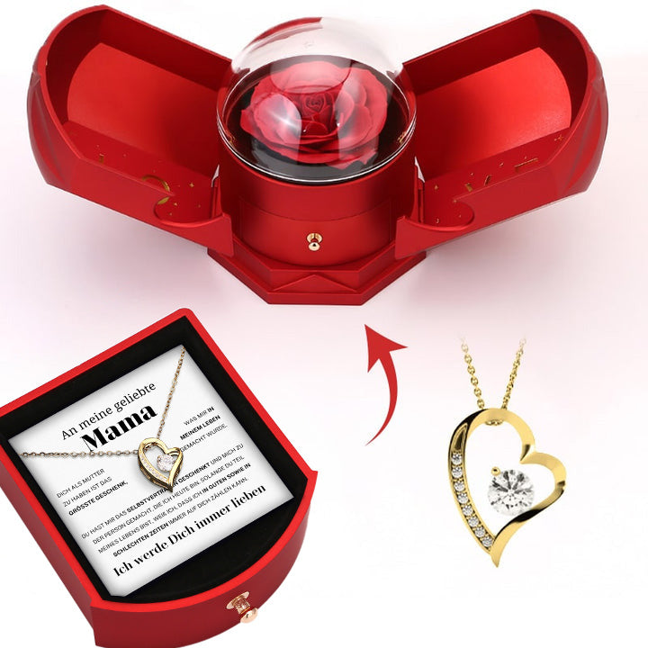 Ewige Rosenbox - 14k Weißgold Herz Halskette - An meine geliebte Mama
