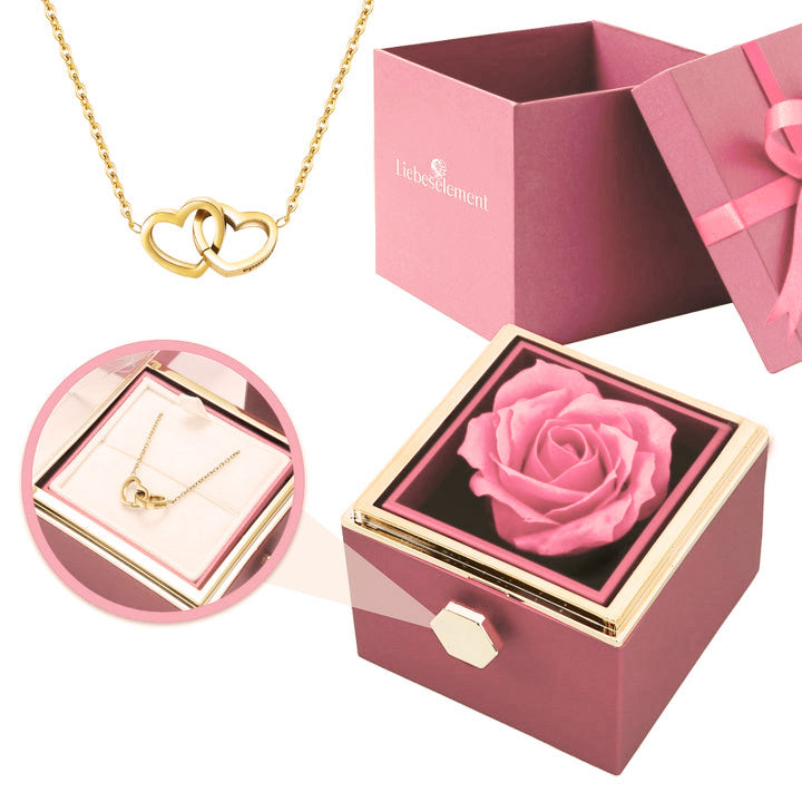 Ewige Rosenbox – mit Doppelherz Halskette und echter Rose