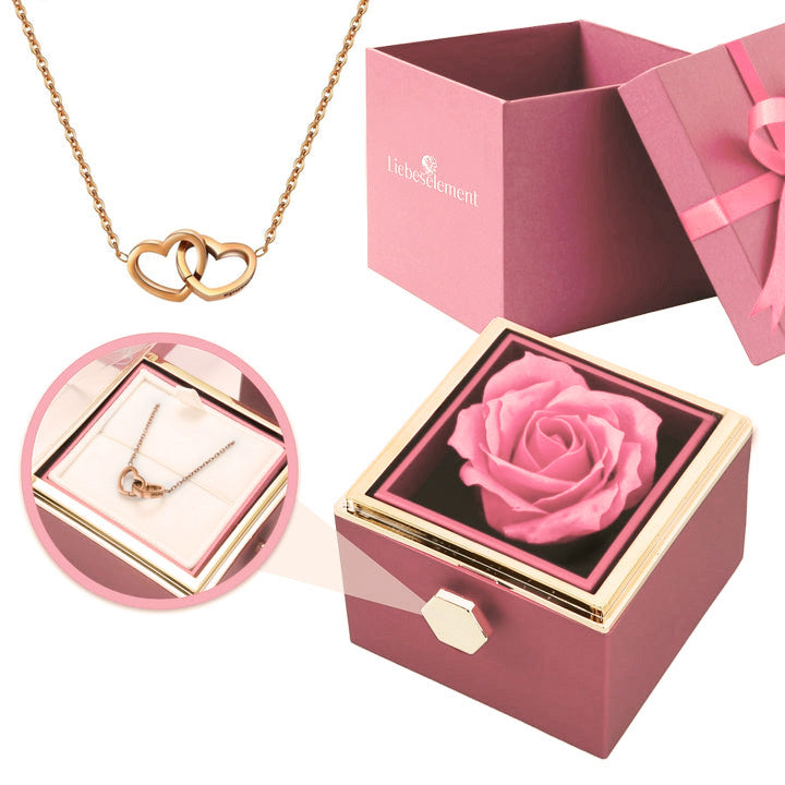 Ewige Rosenbox – mit Doppelherz Halskette und echter Rose