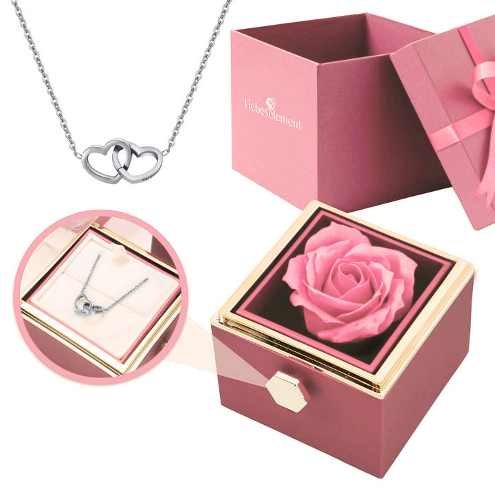 Ewige Rosenbox – mit Doppelherz Halskette und echter Rose