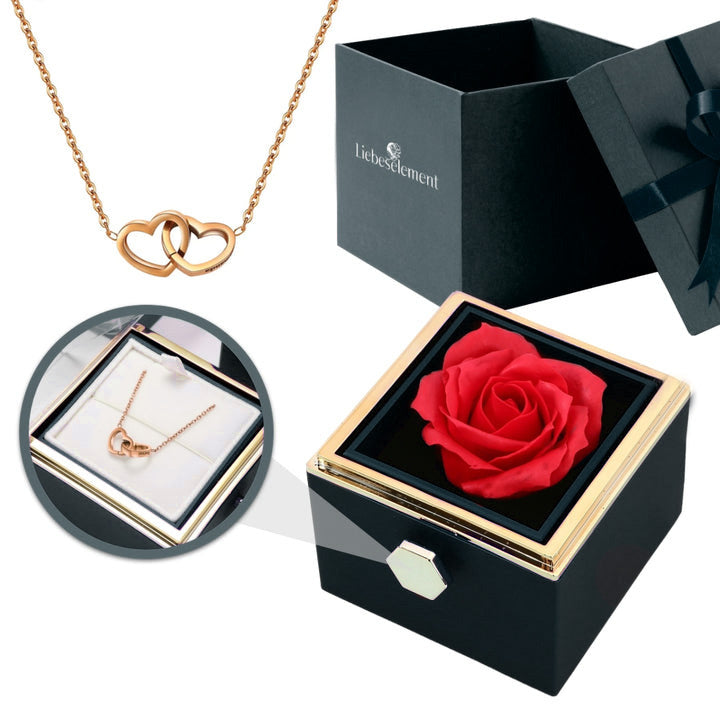 Ewige Rosenbox – mit Doppelherz Halskette und echter Rose