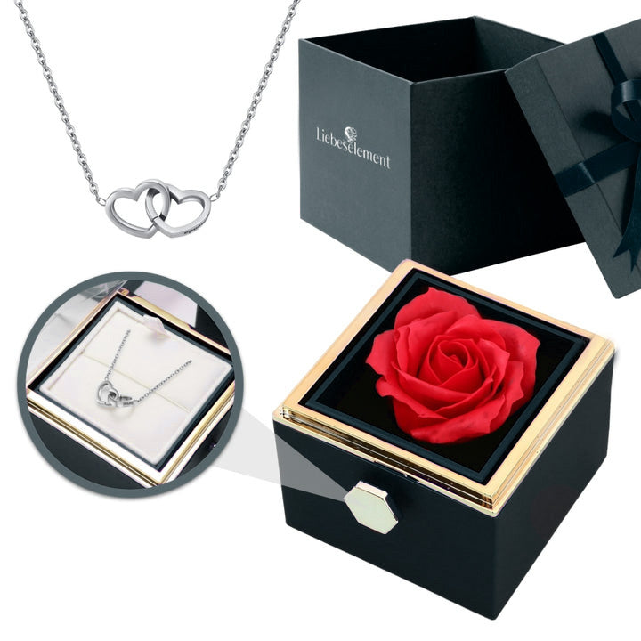 Ewige Rosenbox – mit Doppelherz Halskette und echter Rose