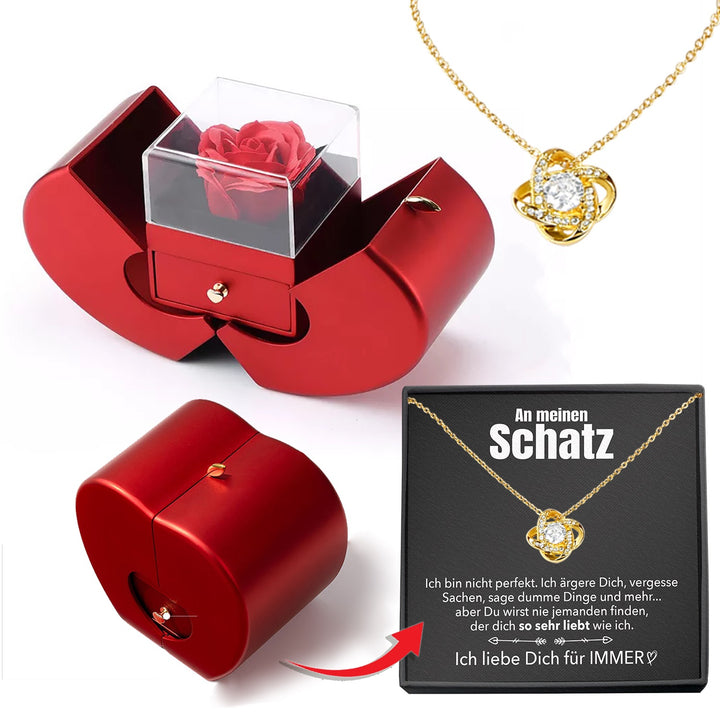 14k Weißgold Ausführung Liebesknoten Halskette - Mit echter Rose - An meinen Schatz