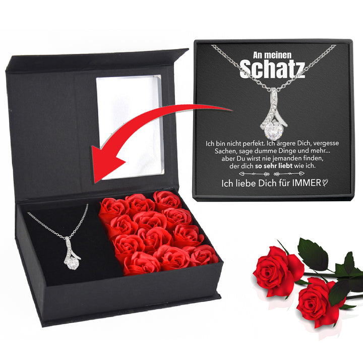 Rosenbox mit Notiz - Weißgold Stil-Halskette - An meinen Schatz