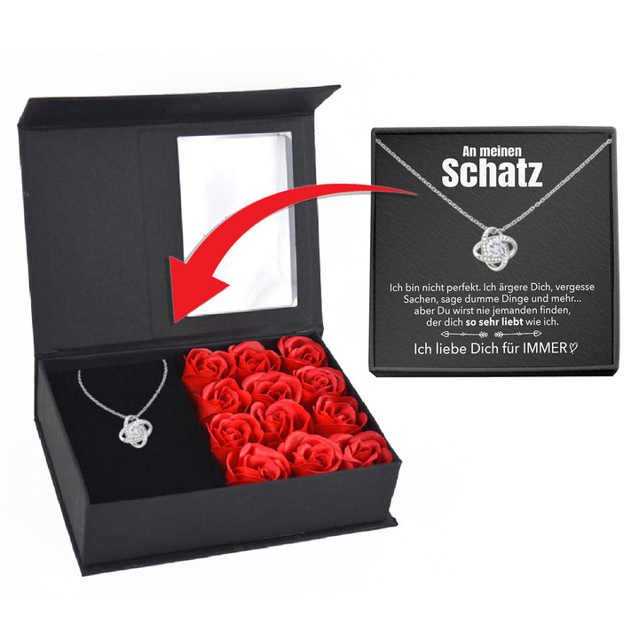 Rosenbox mit Notiz - Weißgold Liebesknoten Halskette - An meinen Schatz