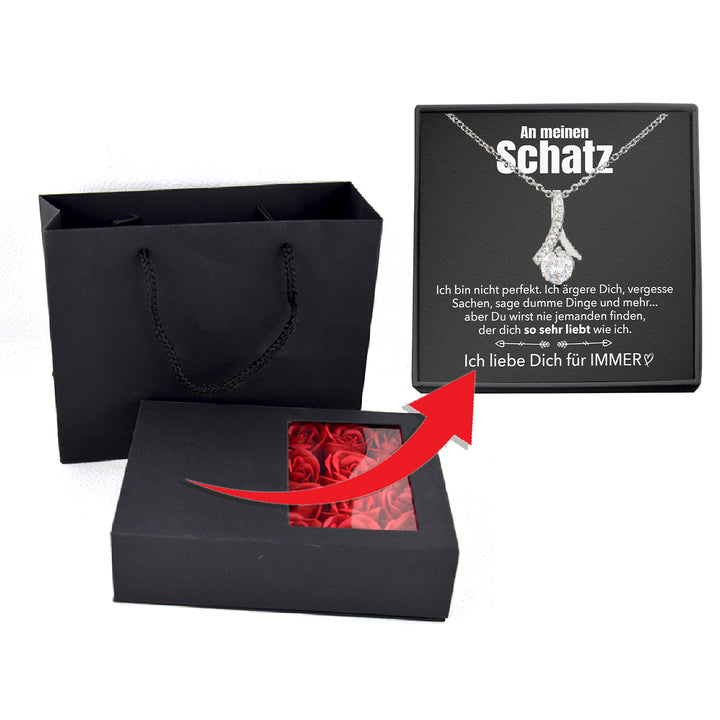 Rosenbox mit Notiz - Weißgold Stil-Halskette - An meinen Schatz