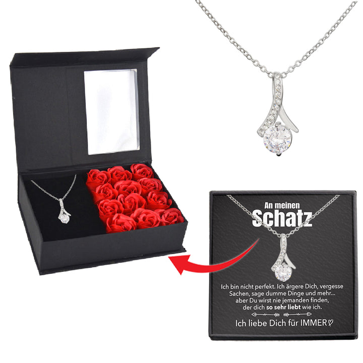 Rosenbox mit Notiz - Weißgold Stil-Halskette - An meinen Schatz