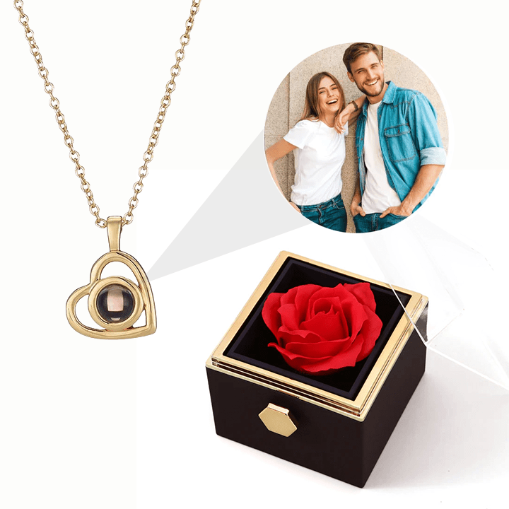 Ewige Rosenbox - Personalisierte Herz Halskette mit Foto & echte Rose