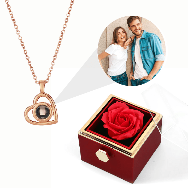 Ewige Rosenbox - Personalisierte Herz Halskette mit Foto & echte Rose