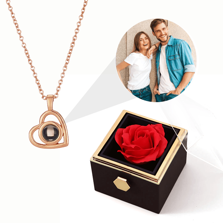 Ewige Rosenbox - Personalisierte Herz Halskette mit Foto & echte Rose