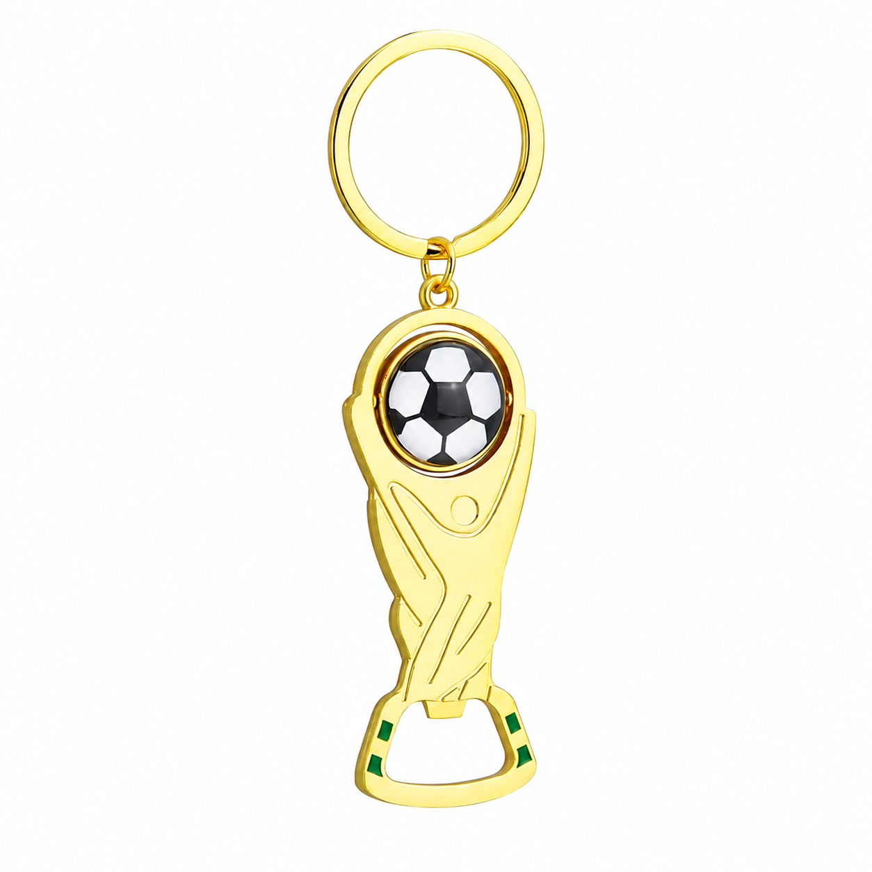 Fußball Pokal Schlüsselanhänger mit Flaschenöffner – Goldfarbener Anhänger mit Fußballmotiv
