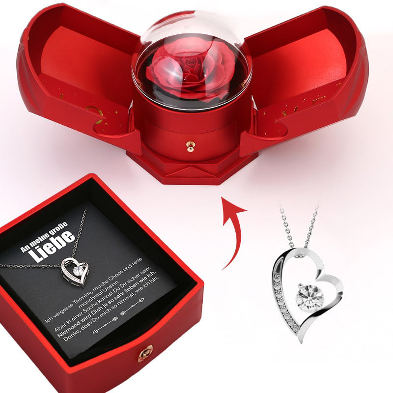 Ewige Rosenbox - 14k Weißgold Herz Halskette & Liebesnotiz - An meine große Liebe