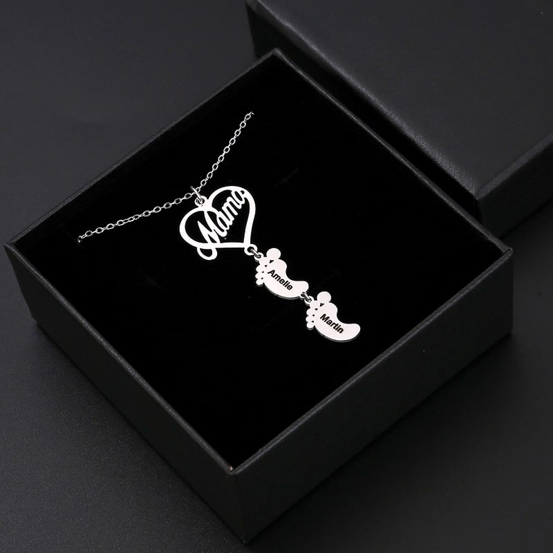 S925 Sterling Silber - Mama Herzkette mit Füßchen-Namen