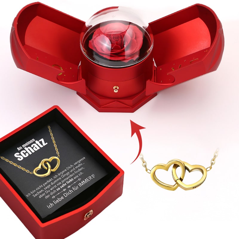 Ewige Rosenbox - Mit Gravierter Doppelherz-Halskette & romantischer Notiz - An meinen Schatz
