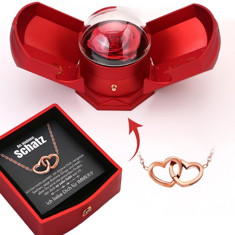 Ewige Rosenbox - Mit Gravierter Doppelherz-Halskette & romantischer Notiz - An meinen Schatz