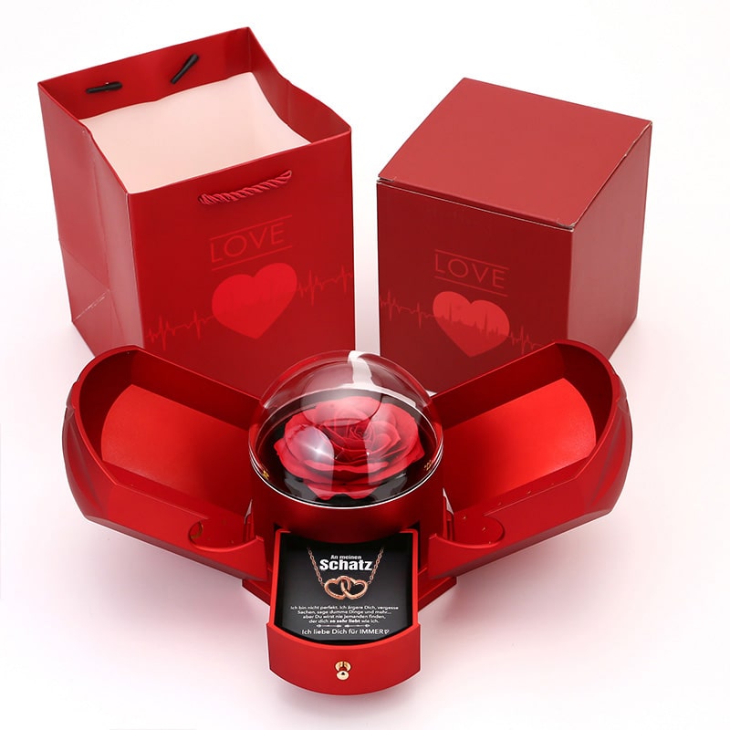 Ewige Rosenbox - Mit Gravierter Doppelherz-Halskette & romantischer Notiz - An meinen Schatz