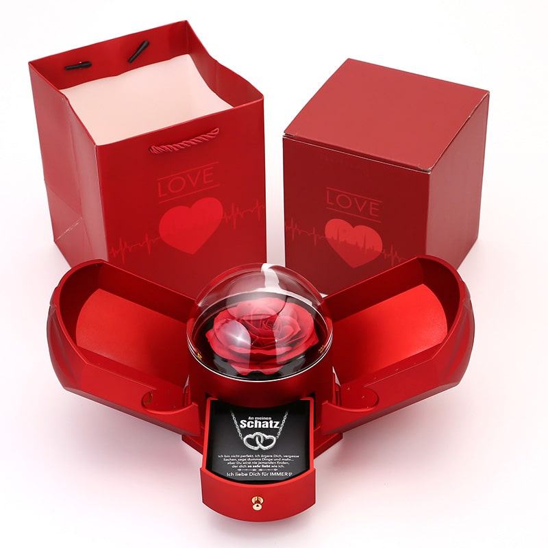 Ewige Rosenbox - Mit Gravierter Doppelherz-Halskette & romantischer Notiz - An meinen Schatz