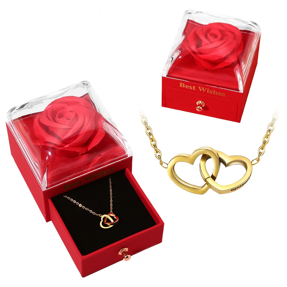 Ewige Rosenbox - Mit 14k Gravur-Doppelherzkette