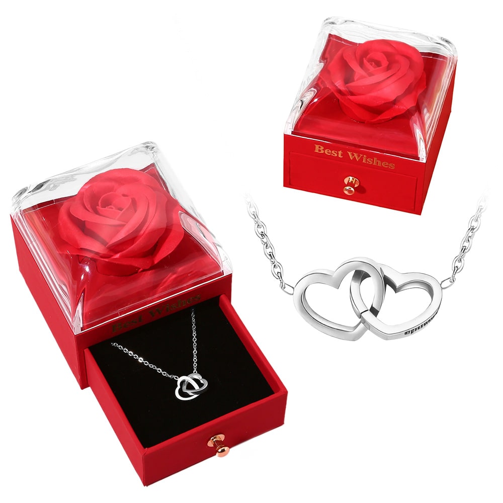 Ewige Rosenbox - Mit 14k Gravur-Doppelherzkette