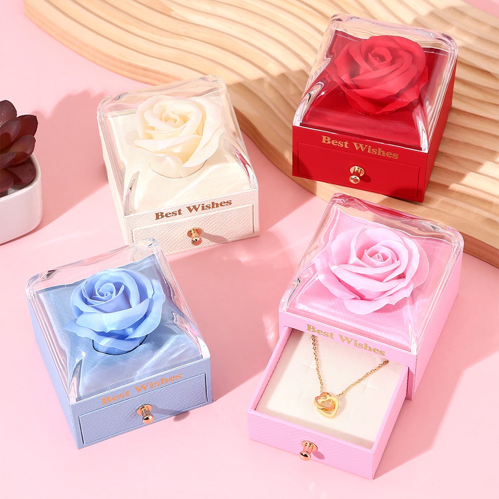 Ewige Rosenbox - Mit 14k Gravur-Doppelherzkette