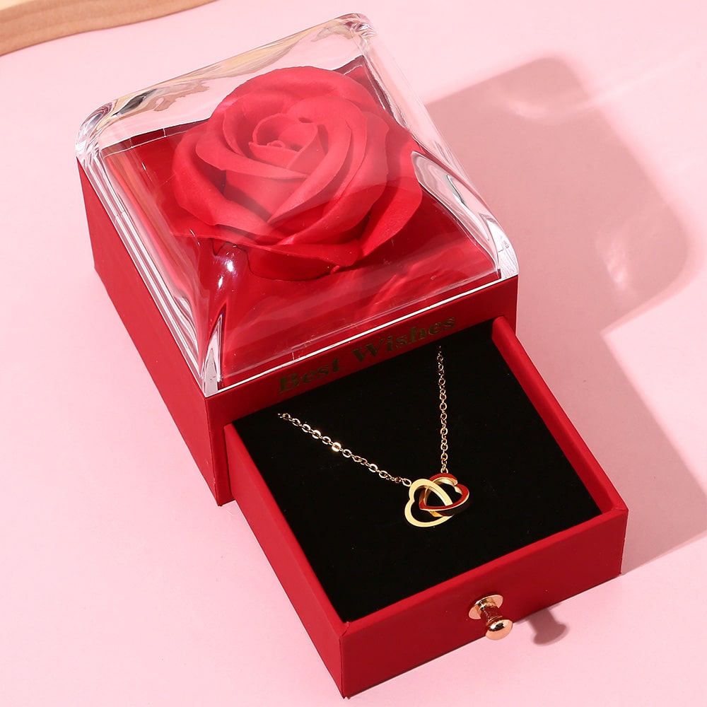 Ewige Rosenbox - Mit 14k Gravur-Doppelherzkette