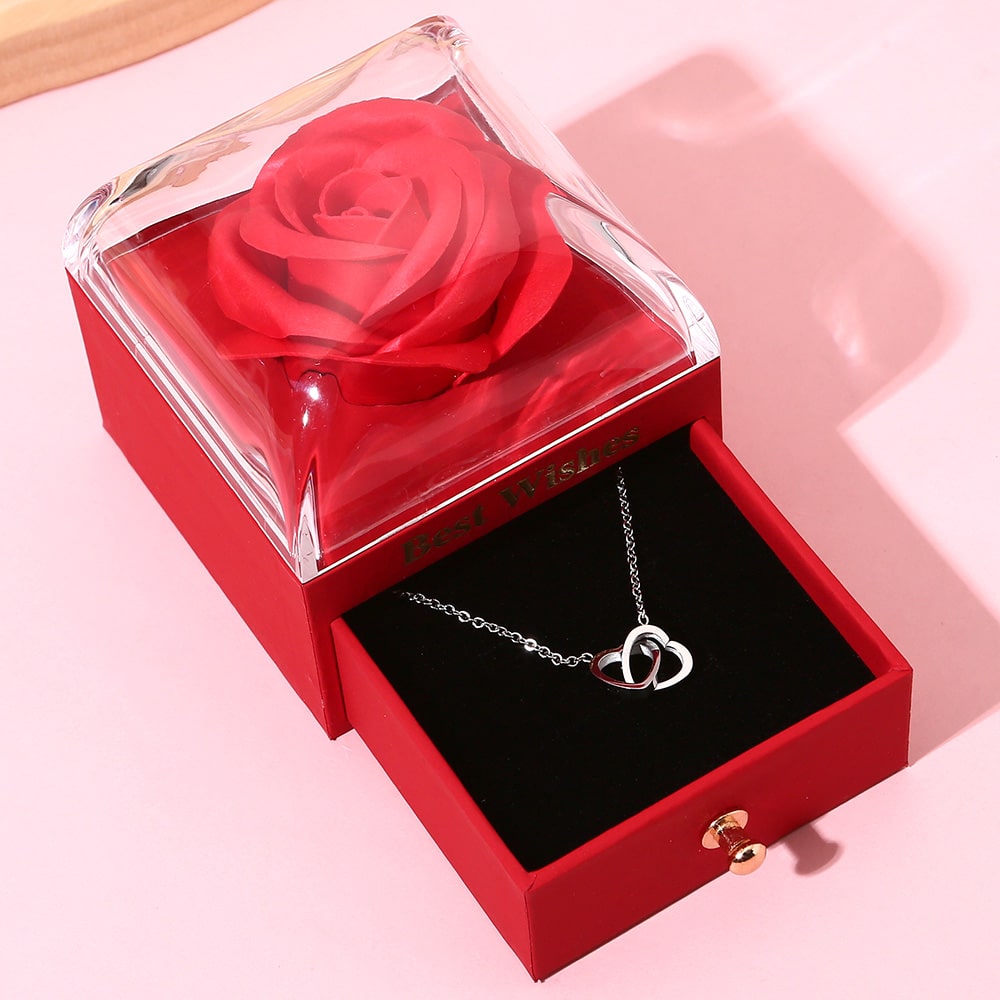 Ewige Rosenbox - Mit 14k Gravur-Doppelherzkette