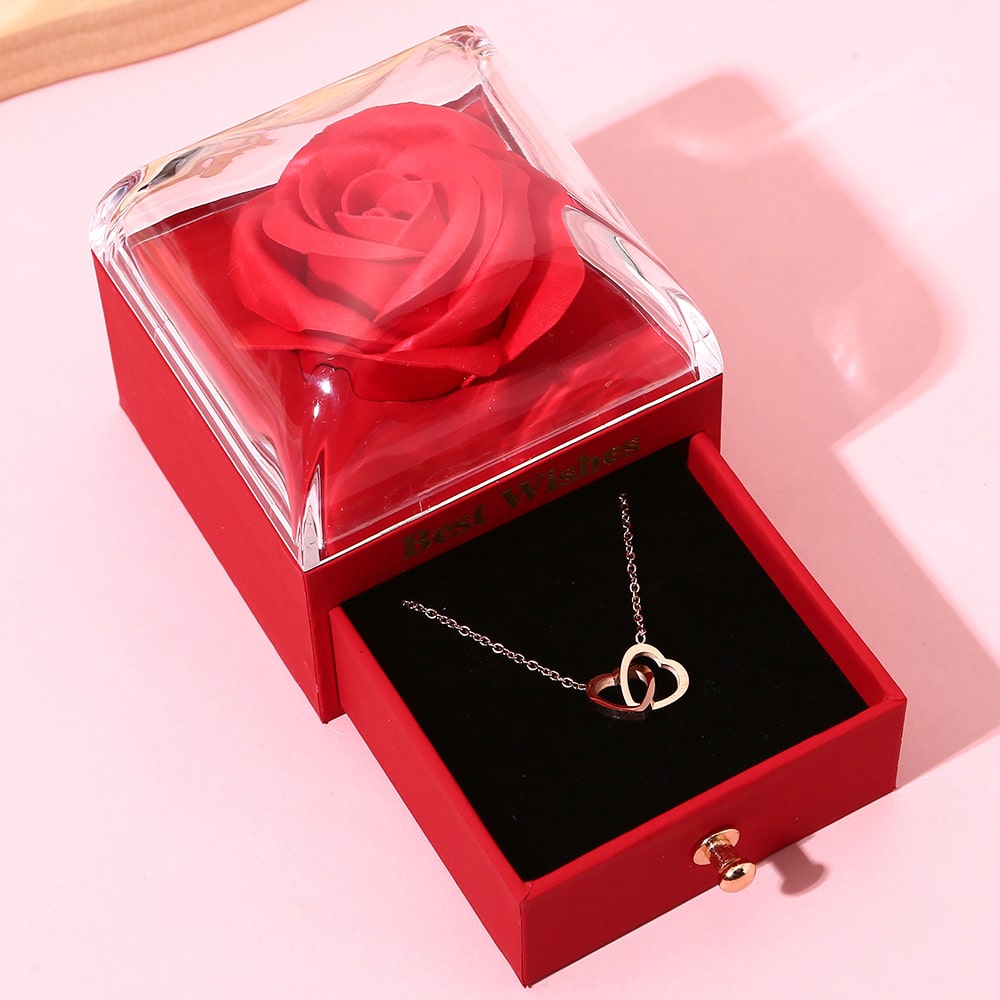 Ewige Rosenbox - Mit 14k Gravur-Doppelherzkette