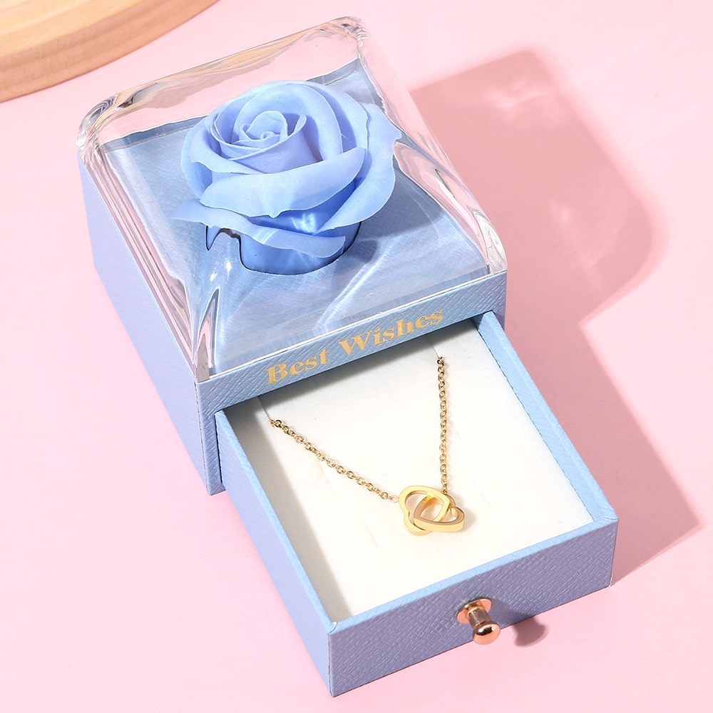 Ewige Rosenbox - Mit 14k Gravur-Doppelherzkette