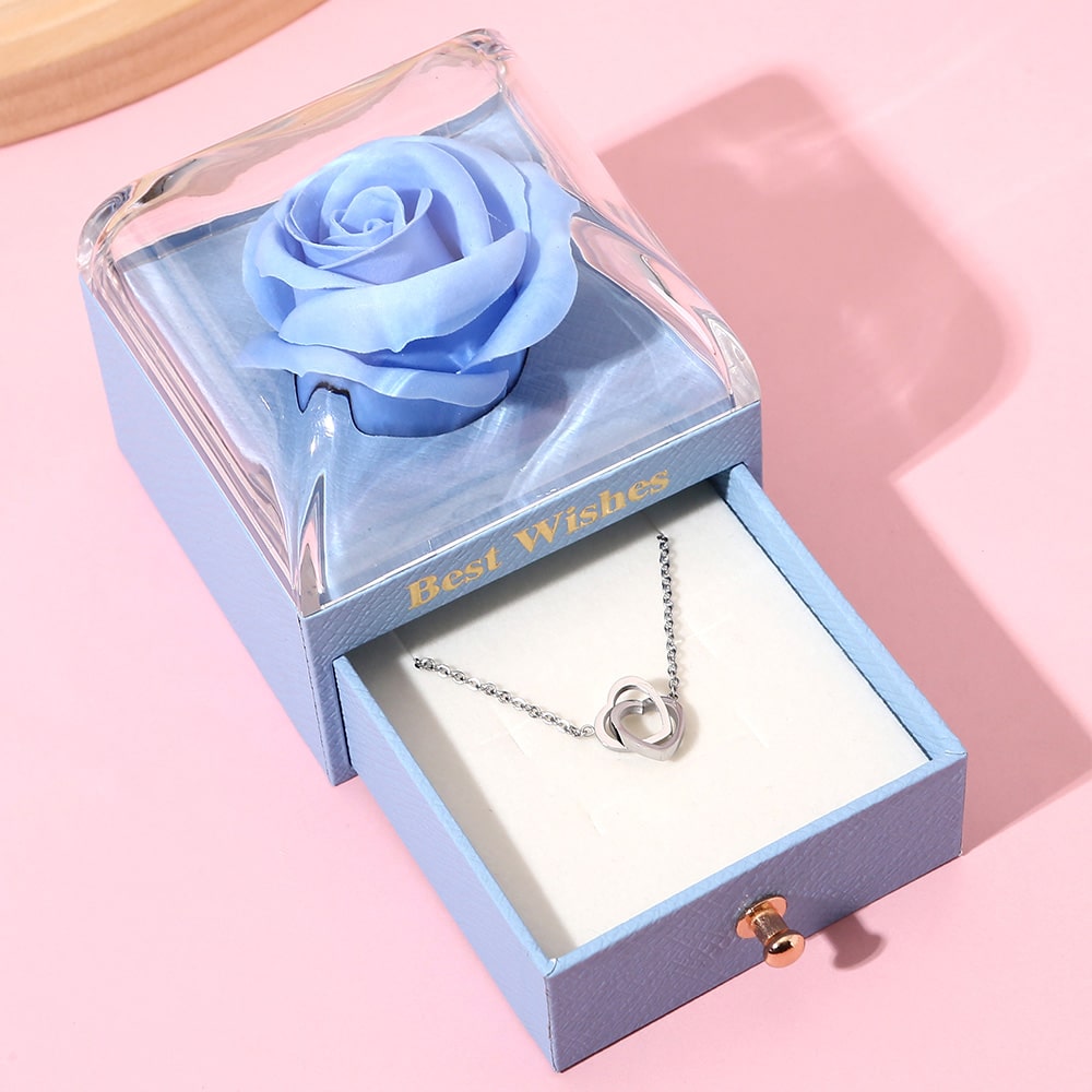 Ewige Rosenbox - Mit 14k Gravur-Doppelherzkette