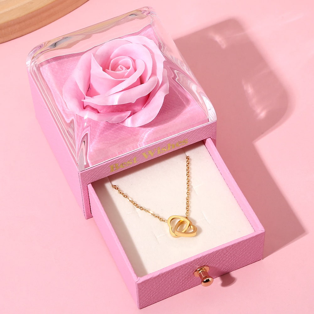 Ewige Rosenbox - Mit 14k Gravur-Doppelherzkette