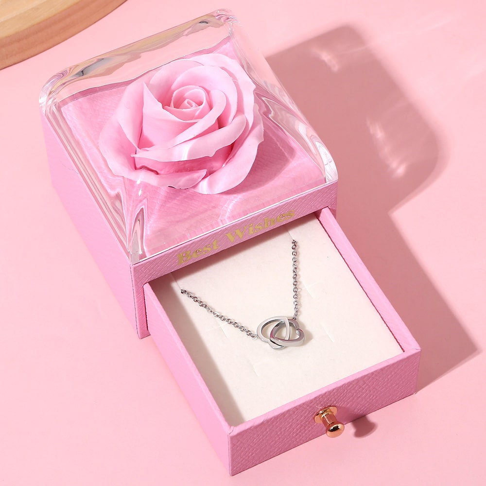 Ewige Rosenbox - Mit 14k Gravur-Doppelherzkette