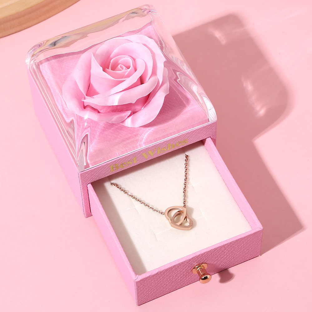 Ewige Rosenbox - Mit 14k Gravur-Doppelherzkette