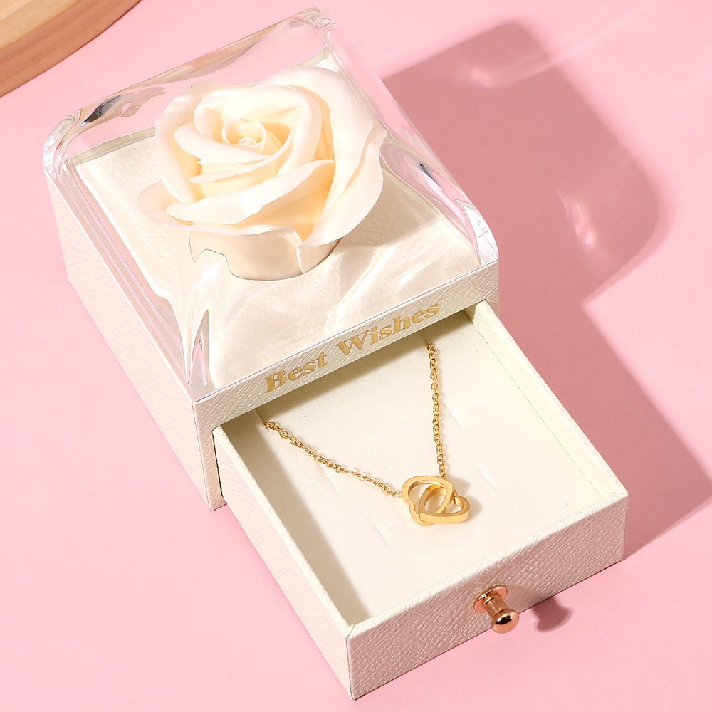 Ewige Rosenbox - Mit 14k Gravur-Doppelherzkette