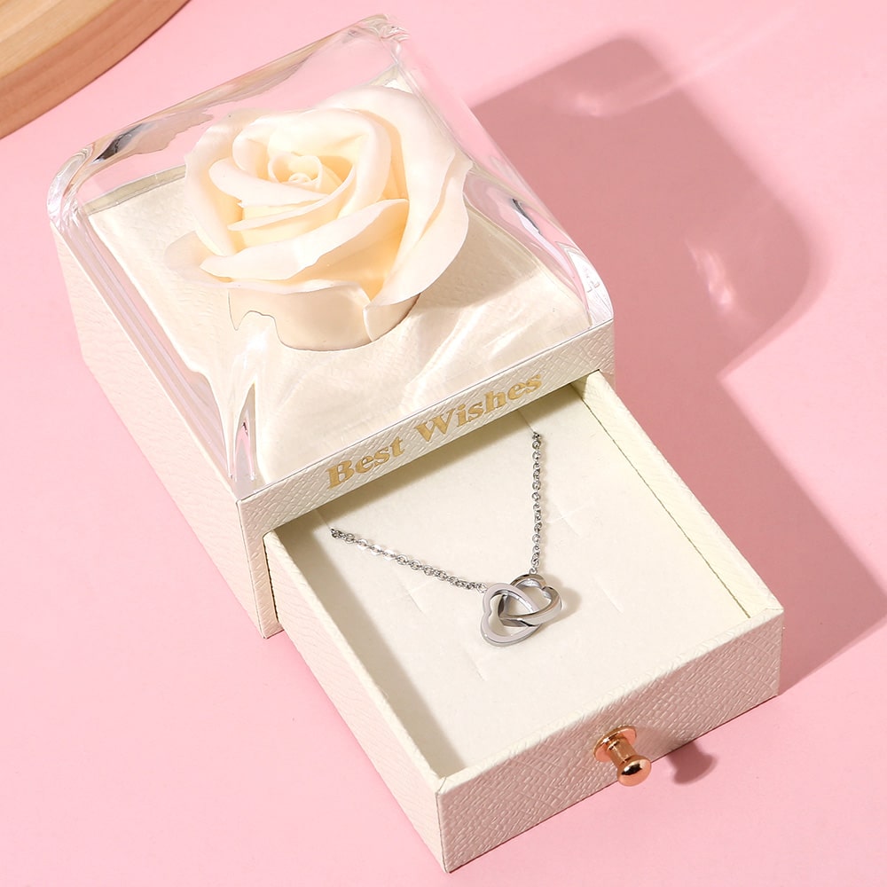 Ewige Rosenbox - Mit 14k Gravur-Doppelherzkette