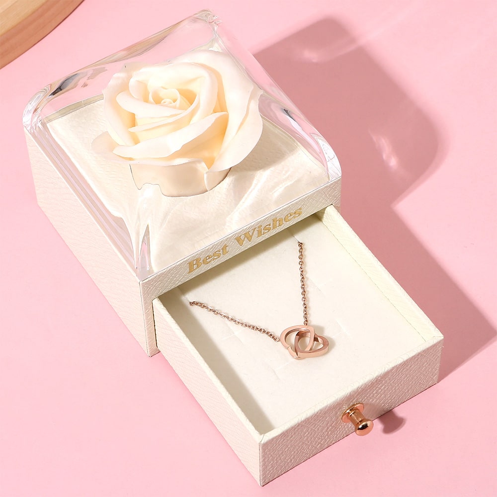 Ewige Rosenbox - Mit 14k Gravur-Doppelherzkette