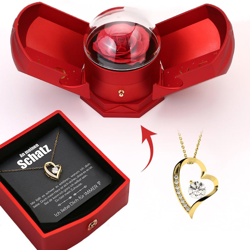 Ewige Rosenbox - 14k Weißgold Herz Halskette & Liebesnotiz - An meinen Schatz