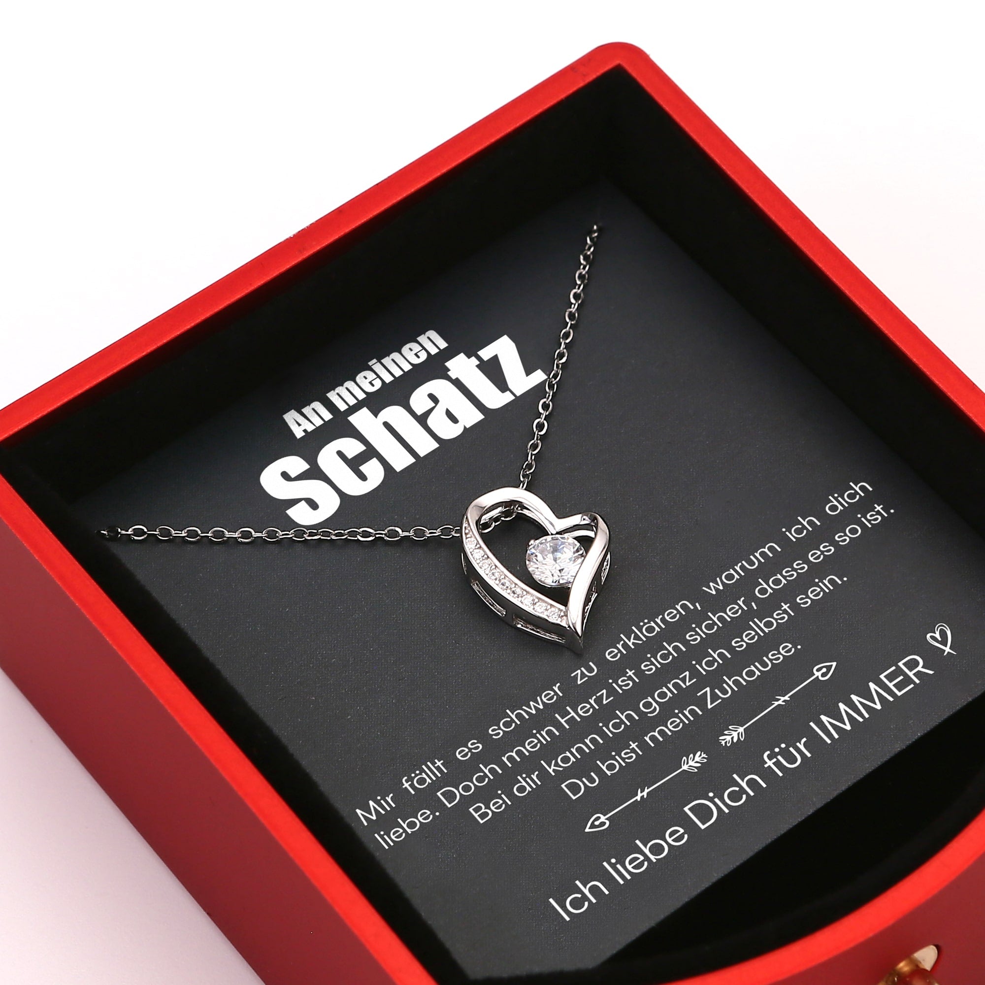 Ewige Rosenbox - 14k Weißgold Herz Halskette & Liebesnotiz - An meinen Schatz