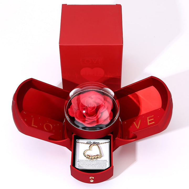 Herzkette mit personalisierten Namenringen - Für die beste Mama der Welt - Ewige Rosenbox