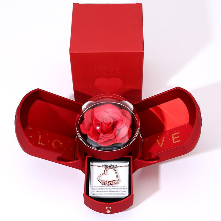 Herzkette mit personalisierten Namenringen - Für die beste Mama der Welt - Ewige Rosenbox